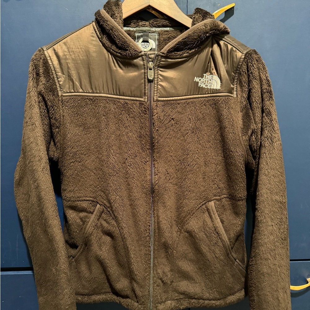 Chocolate brown fuzzy North Face Hooded Jacket